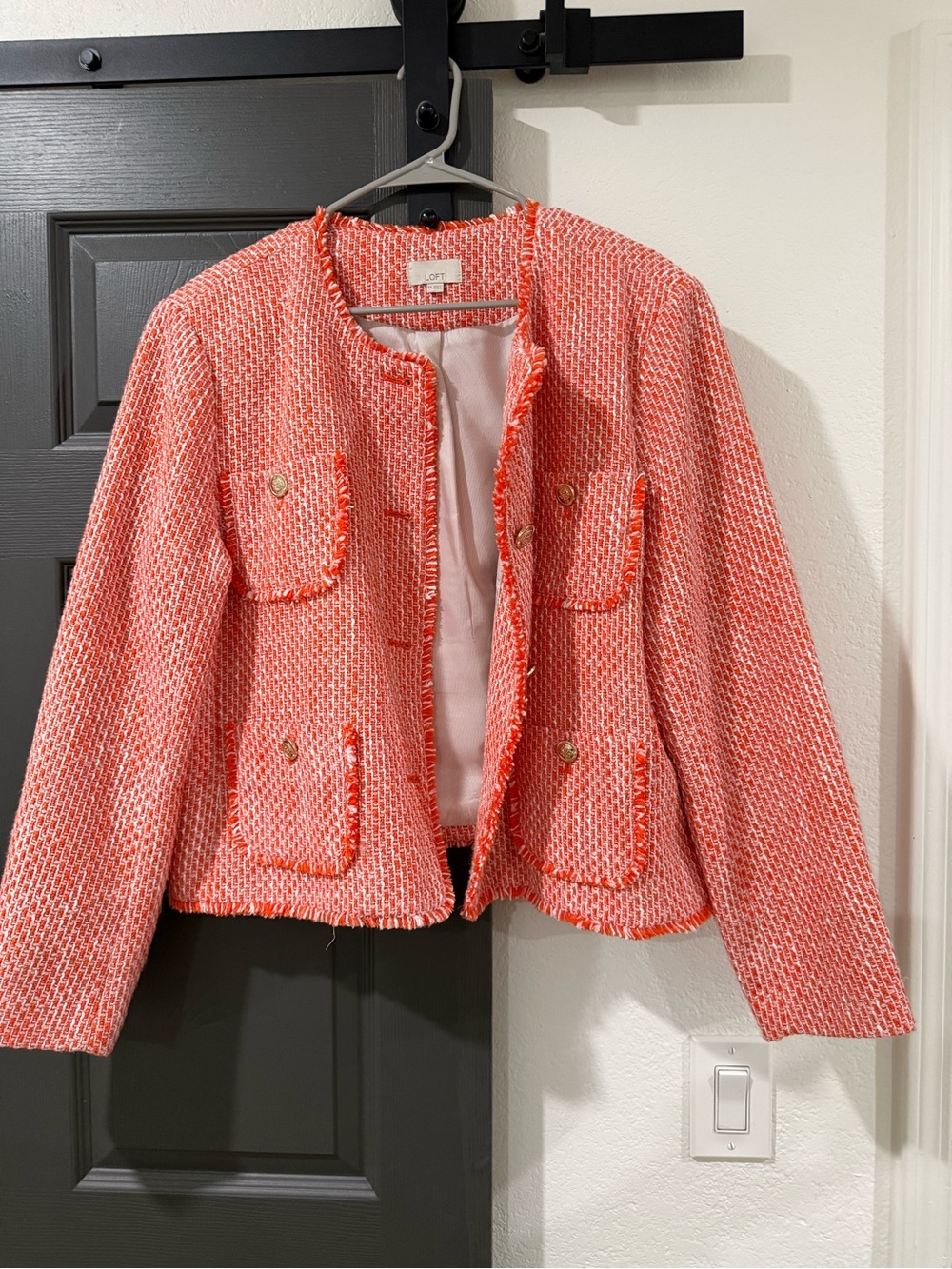 LOFT Coral-Pink Tweed Boxy Jacket with Gold Buttons